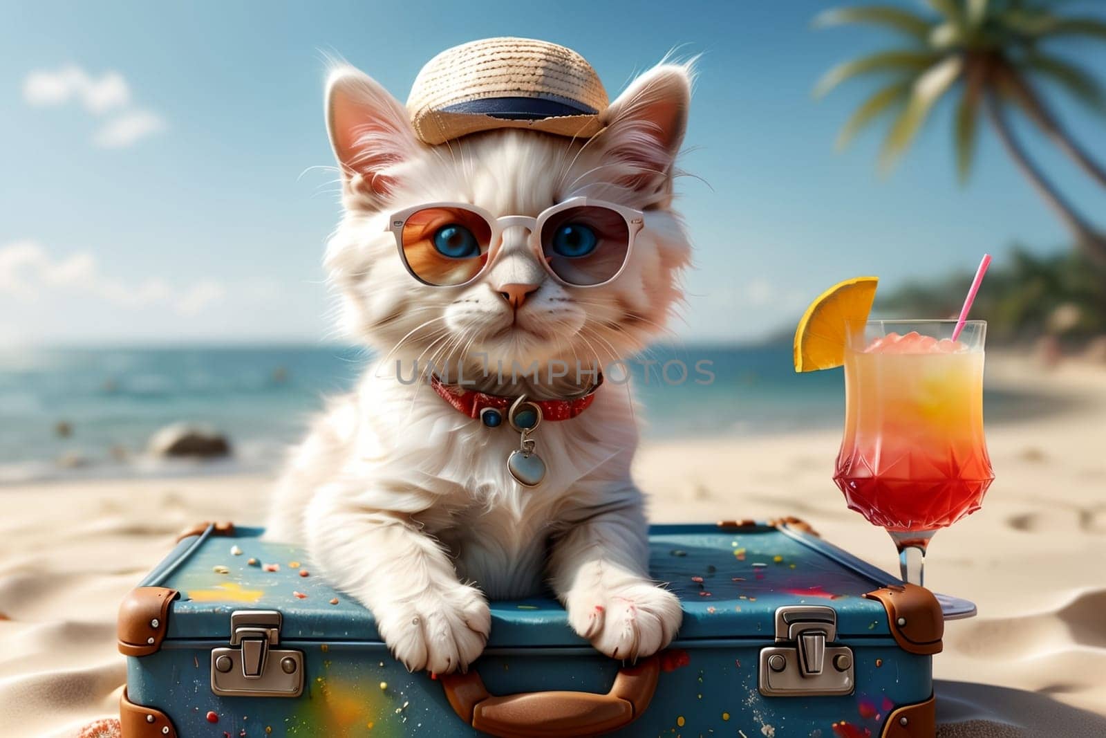 cute kitten with a suitcase at sea with a cocktail in a glass .