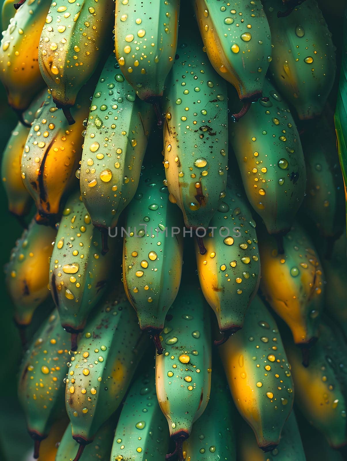 A closeup of a bunch of green and yellow bananas with water drops on them, resembling an underwater marine organism in an azure coral reef, with electric blue hues and aqua tones