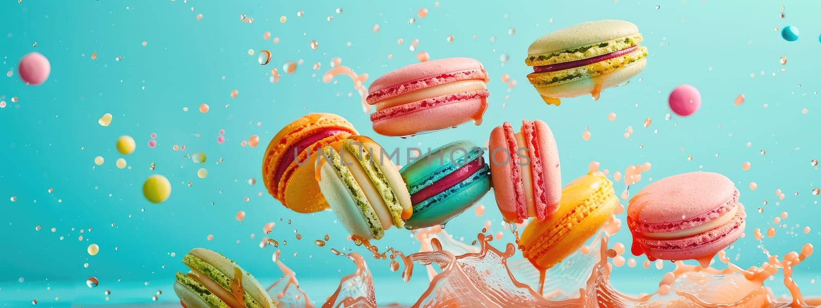 Splash macarons of many different types. Selective focus. food.