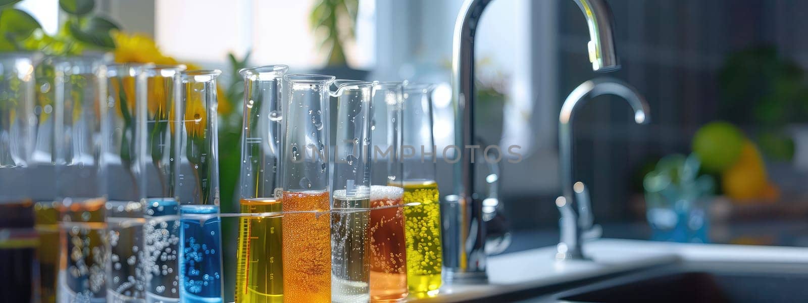 Test tubes with samples near the water tap. Selective focus. nature.