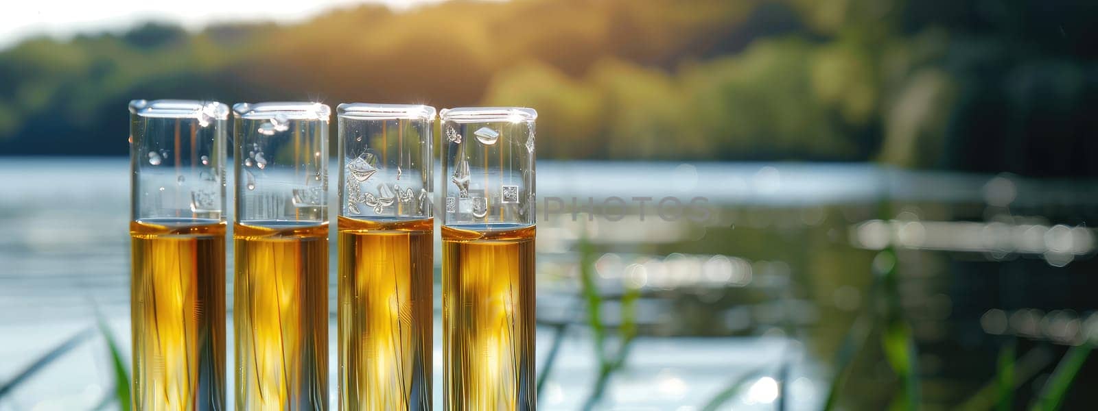 Water samples in test tubes on a pond. Selective focus. Nature.