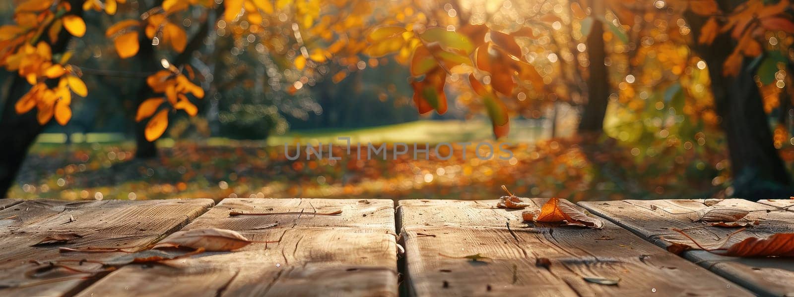 Wooden table in the autumn park. Selective focus. by yanadjana
