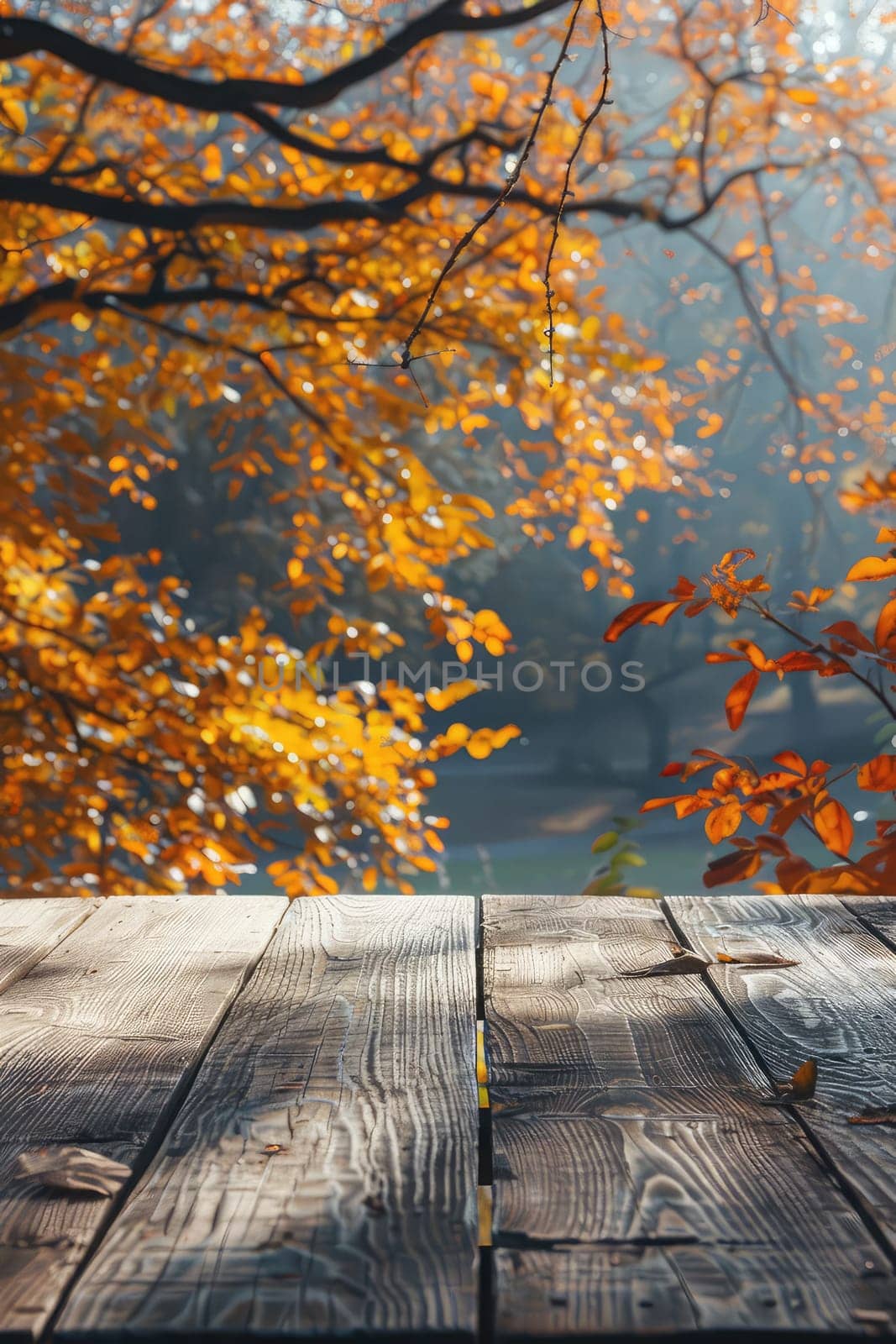 Wooden table in the autumn park. Selective focus. Nature.