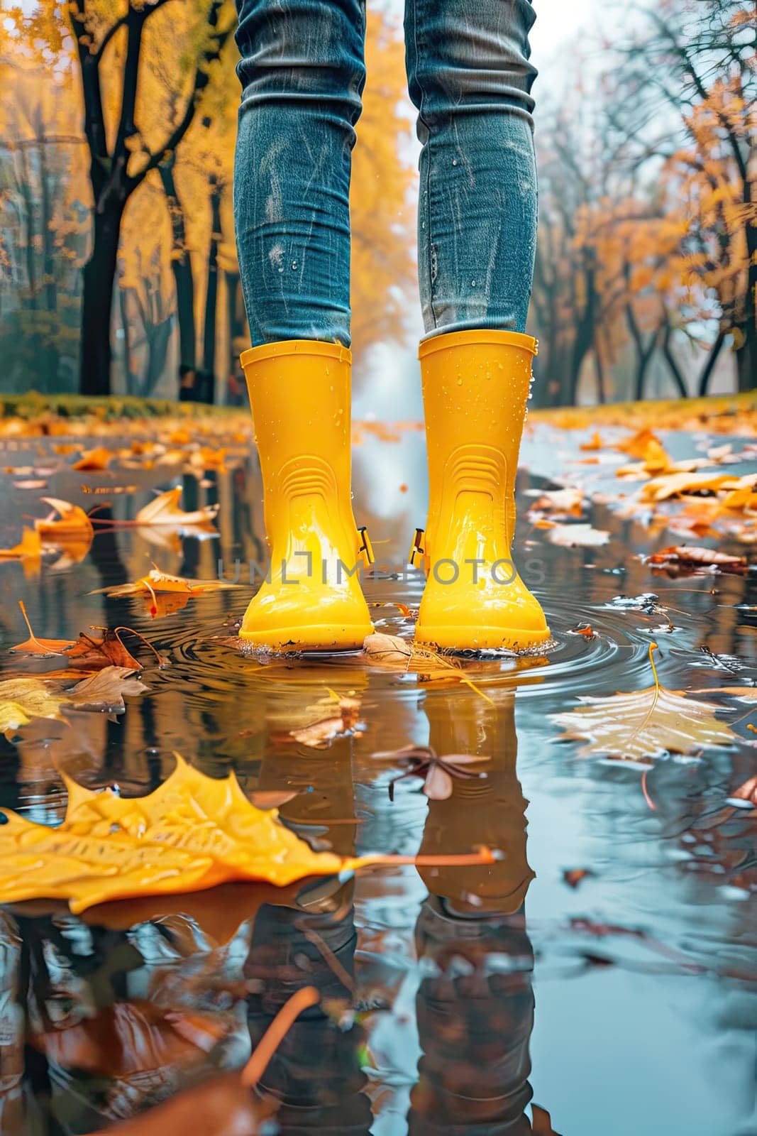 Autumn rubber boots and a puddle in the park. Selective focus. nature.