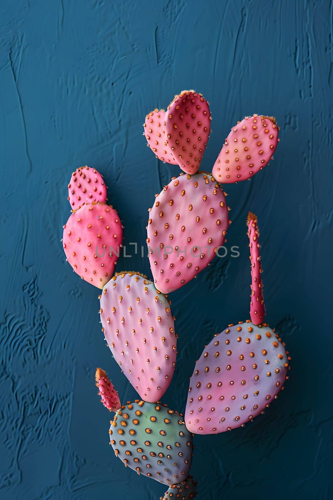 A pink and green cactus, a terrestrial plant, stands against a blue wall, a creative arts decoration. The plant is in a painting with a pattern of pink flowers on its pedicels