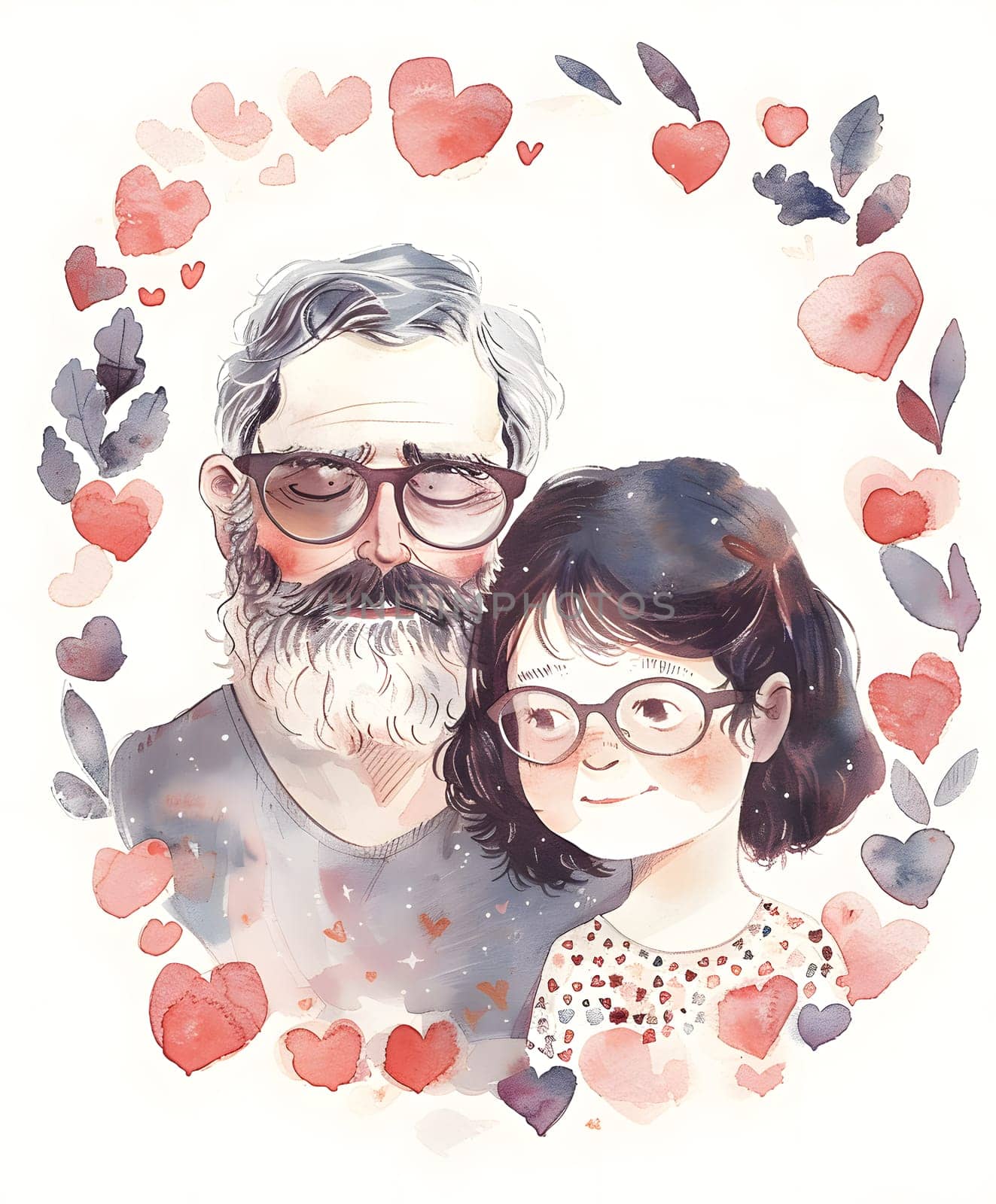 A man with a beard and a girl wearing glasses stand together in a heartfilled wreath. The happy couple shares a loving gesture, surrounded by symbols of love and vision care