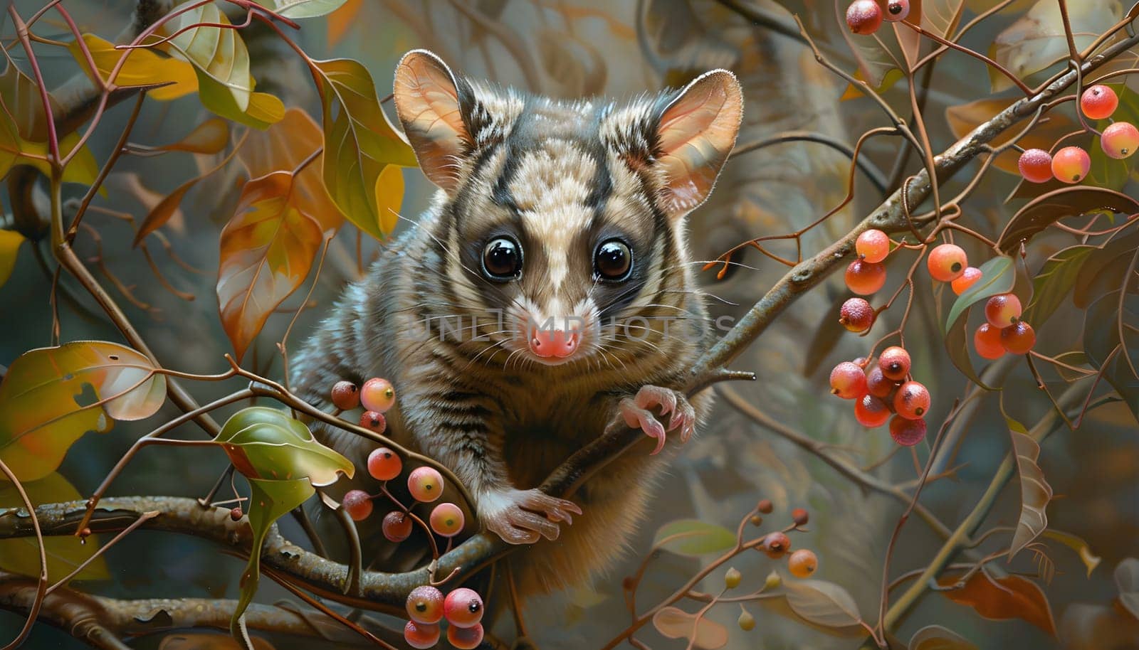 A terrestrial animal with fur is perched on a tree branch surrounded by berries. Its whiskers twitch as it gazes at the terrestrial plants below