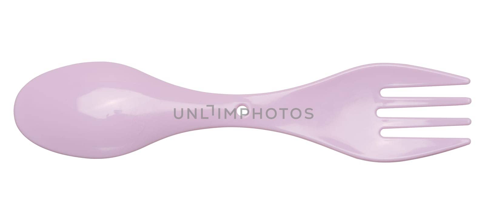 Pink plastic travel spoon and fork on isolated background by ndanko