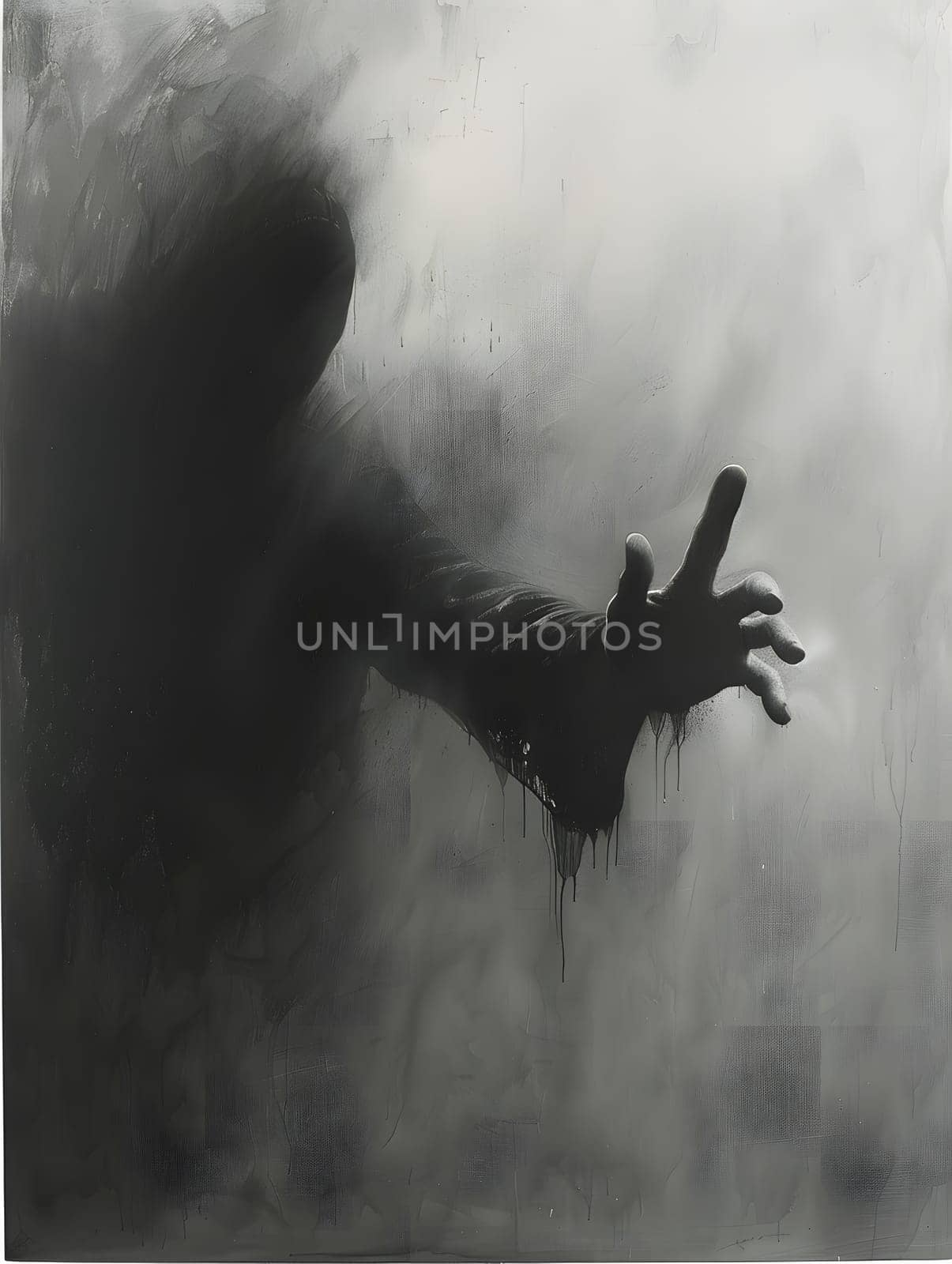 A monochrome photograph captures a silhouette behind a foggy glass, with a hand reaching out in a gesture of darkness and mystery. This visual art portrays an event shrouded in mist and smoke
