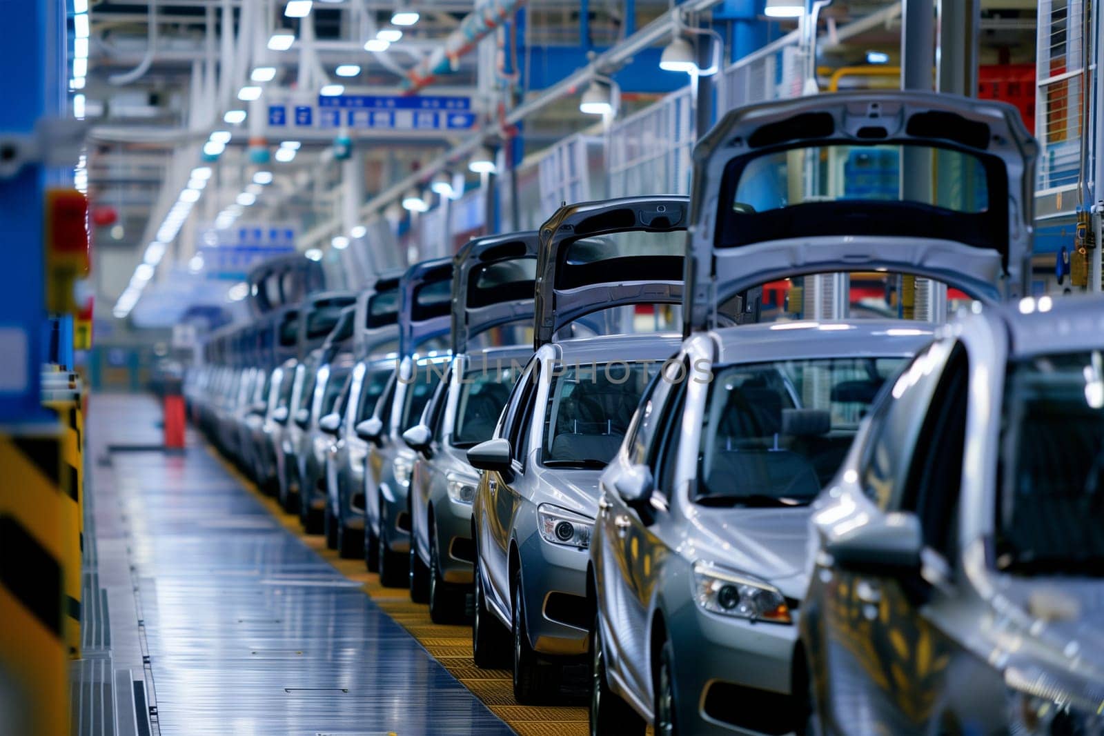Cars moving along an assembly line in a factory with workers assembling and installing parts.