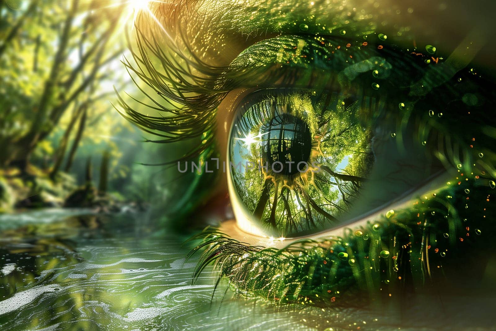 A highly detailed close-up features an eye reflecting a lush green forest under bright daylight, evoking a strong connection with nature.