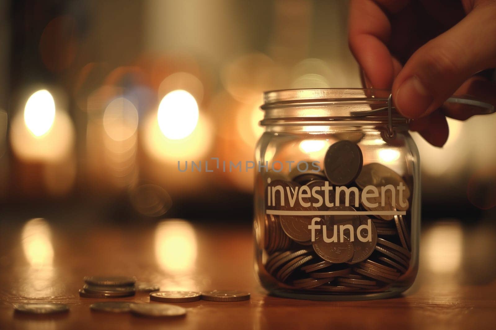 A hand places a coin into a jar labeled investment fund on a wooden table. The background is softly lit, creating a warm ambiance.