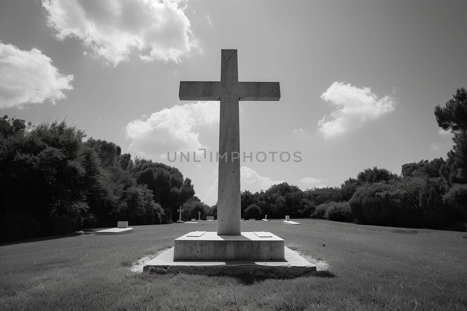 A black and white depiction of a cross standing tall in a vast field.