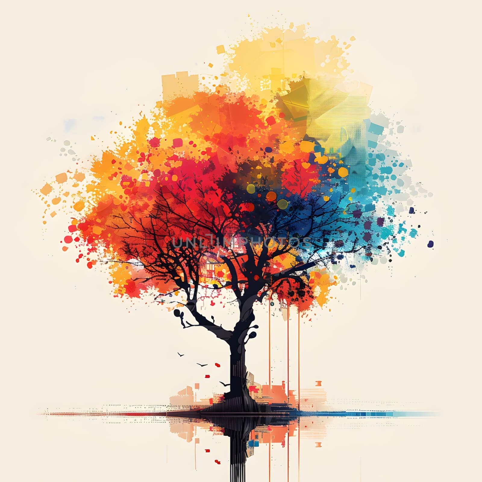 A vibrant painting of a tree with colorful leaves set against a white background, capturing the beauty of nature through art and tints and shades