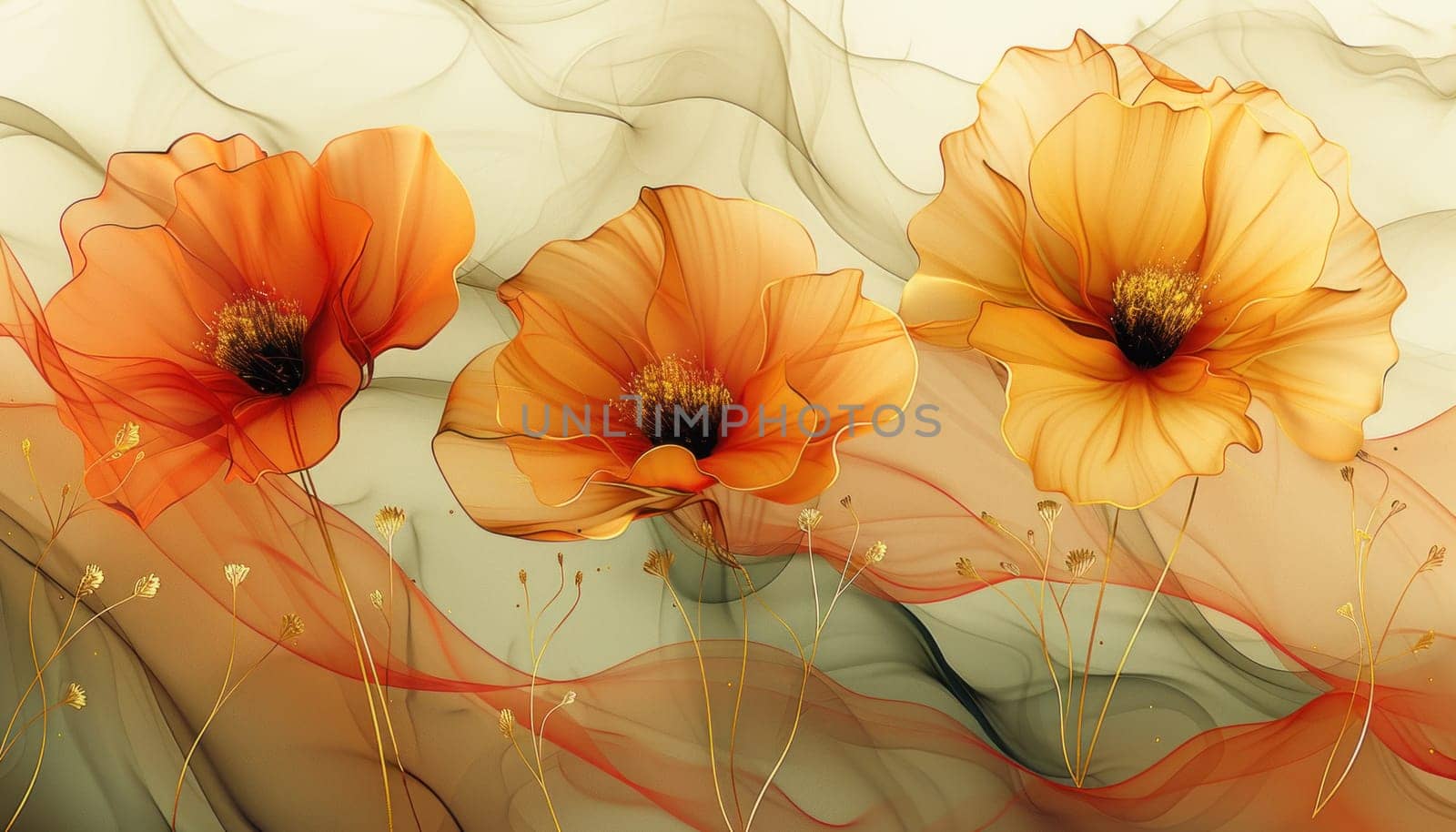 In the artwork, three vibrant orange flowers stand out on a pristine white background, highlighting their beauty