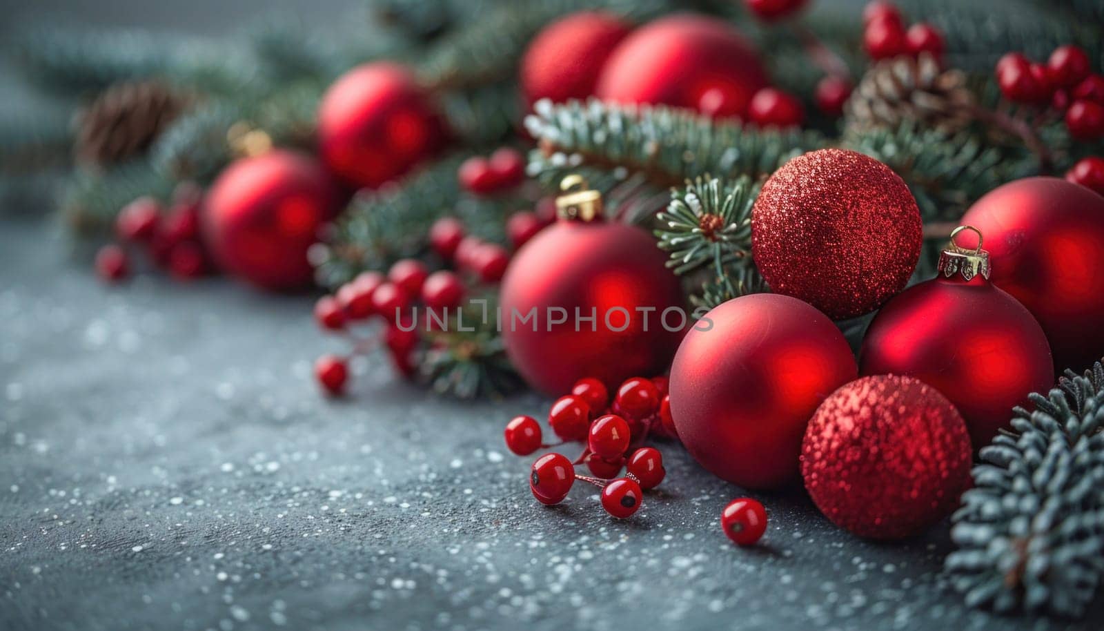 A selection of red Christmas ornaments, such as balls, berries, and pine cones, artfully displayed on a tabletop