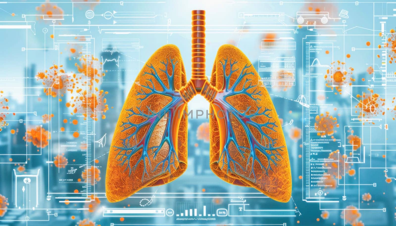 Computergenerated image of a lung in front of a city backdrop showcases artistry and urban elements in its composition