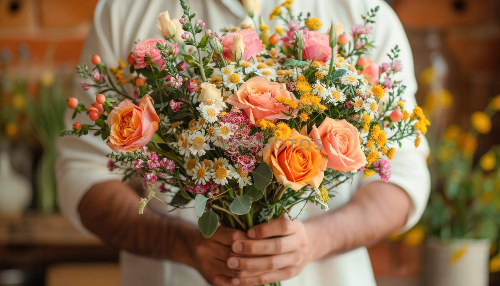 A man displays a gentle touch as he holds a beautiful arrangement of hybrid tea roses and garden roses in a bouquet