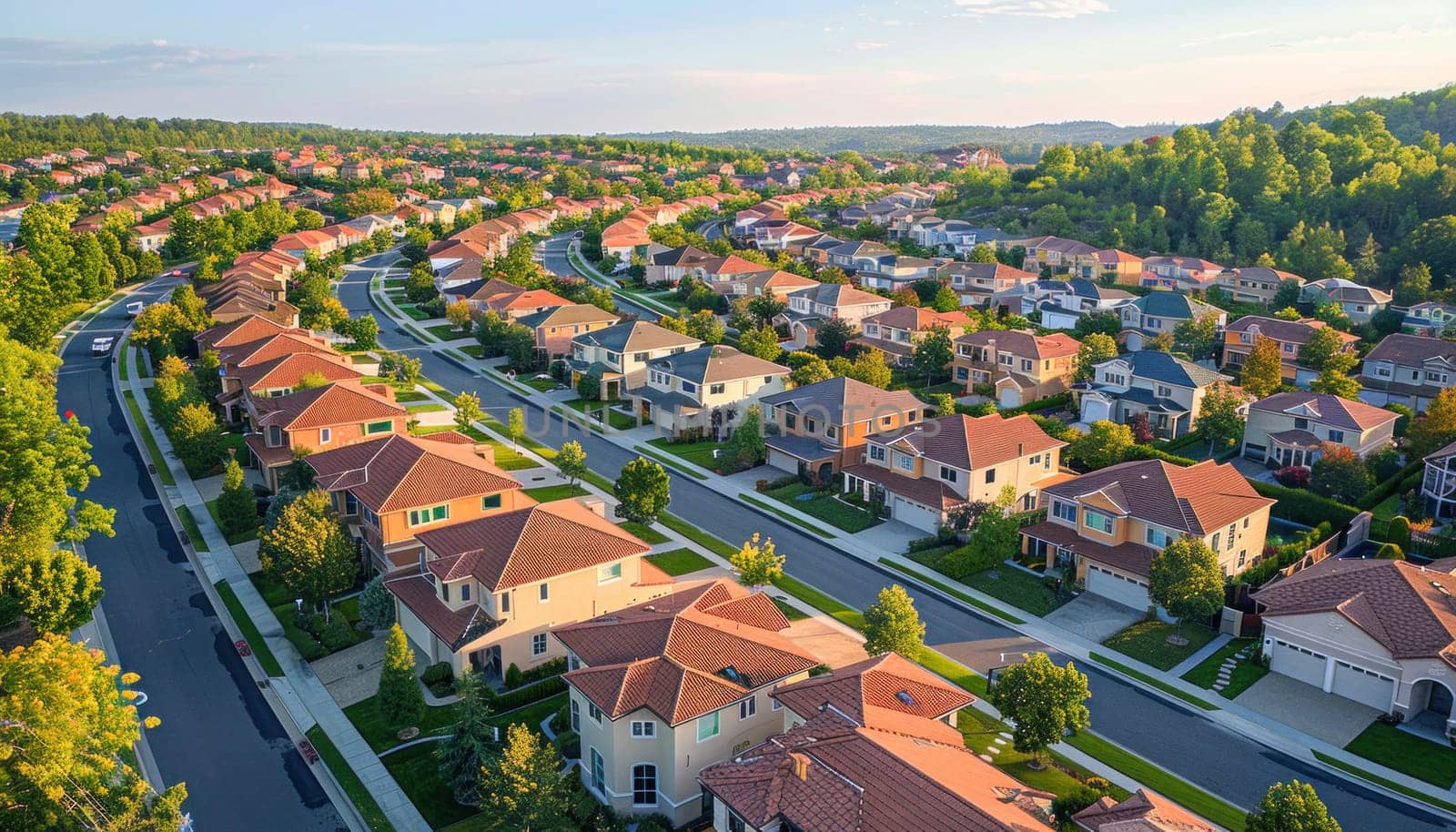 An aerial view features a residential neighborhood with numerous houses surrounded by abundant trees and greenery