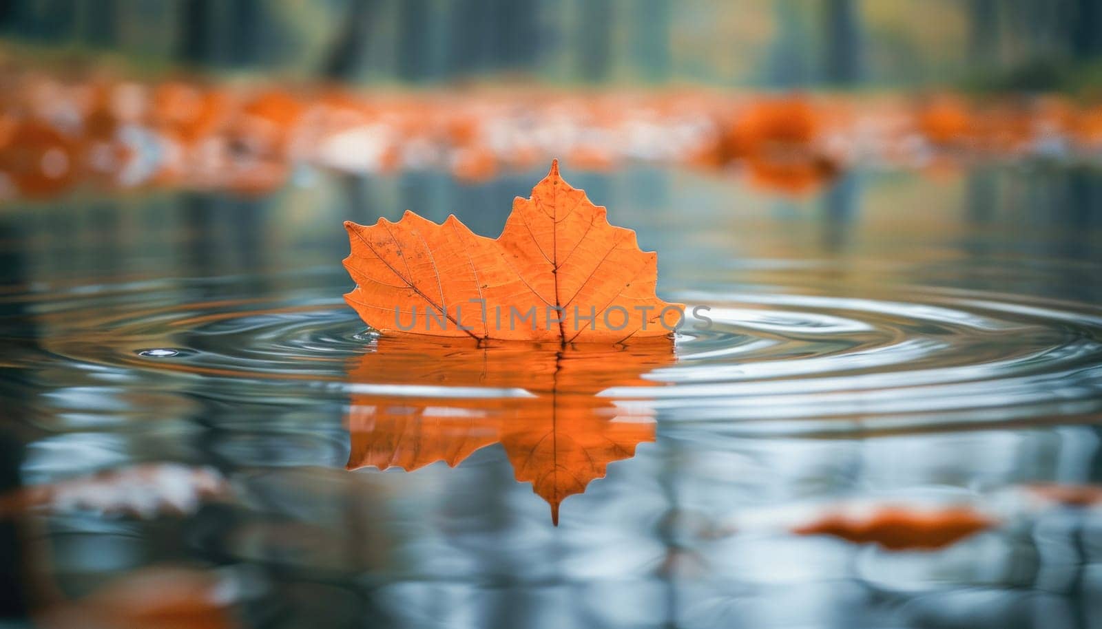 A maple leaf floats on the water in a natural landscape by a lush lake, glistening under the sunlight
