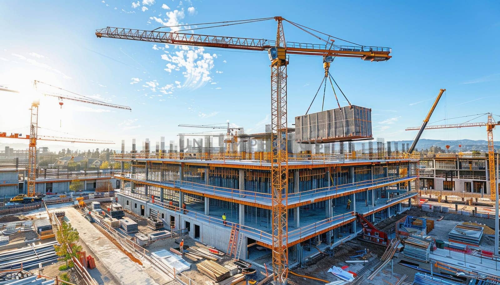Construction of a large building is currently underway, with several cranes operating at the construction site