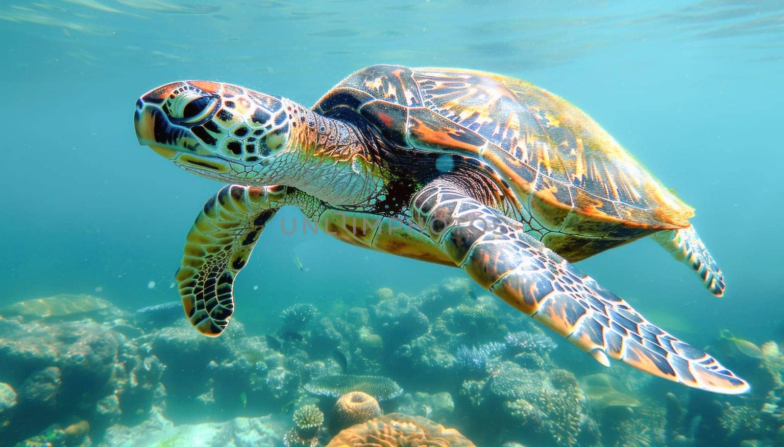 A sea turtle gracefully swims through the ocean waters near a colorful coral reef in this marine scene