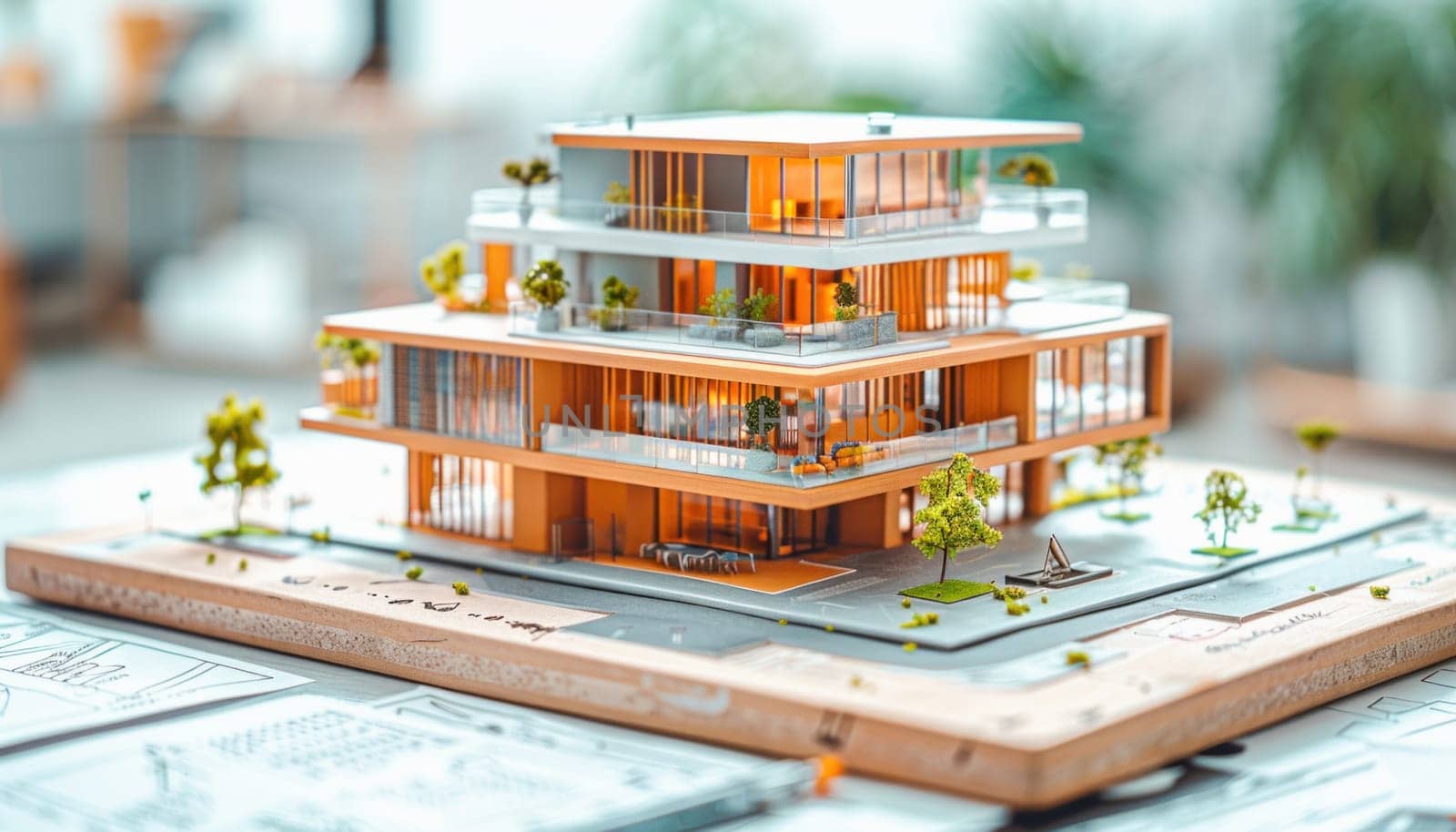 A scale model of a house rests on a wooden table, incorporating elements of urban design and mixeduse architecture