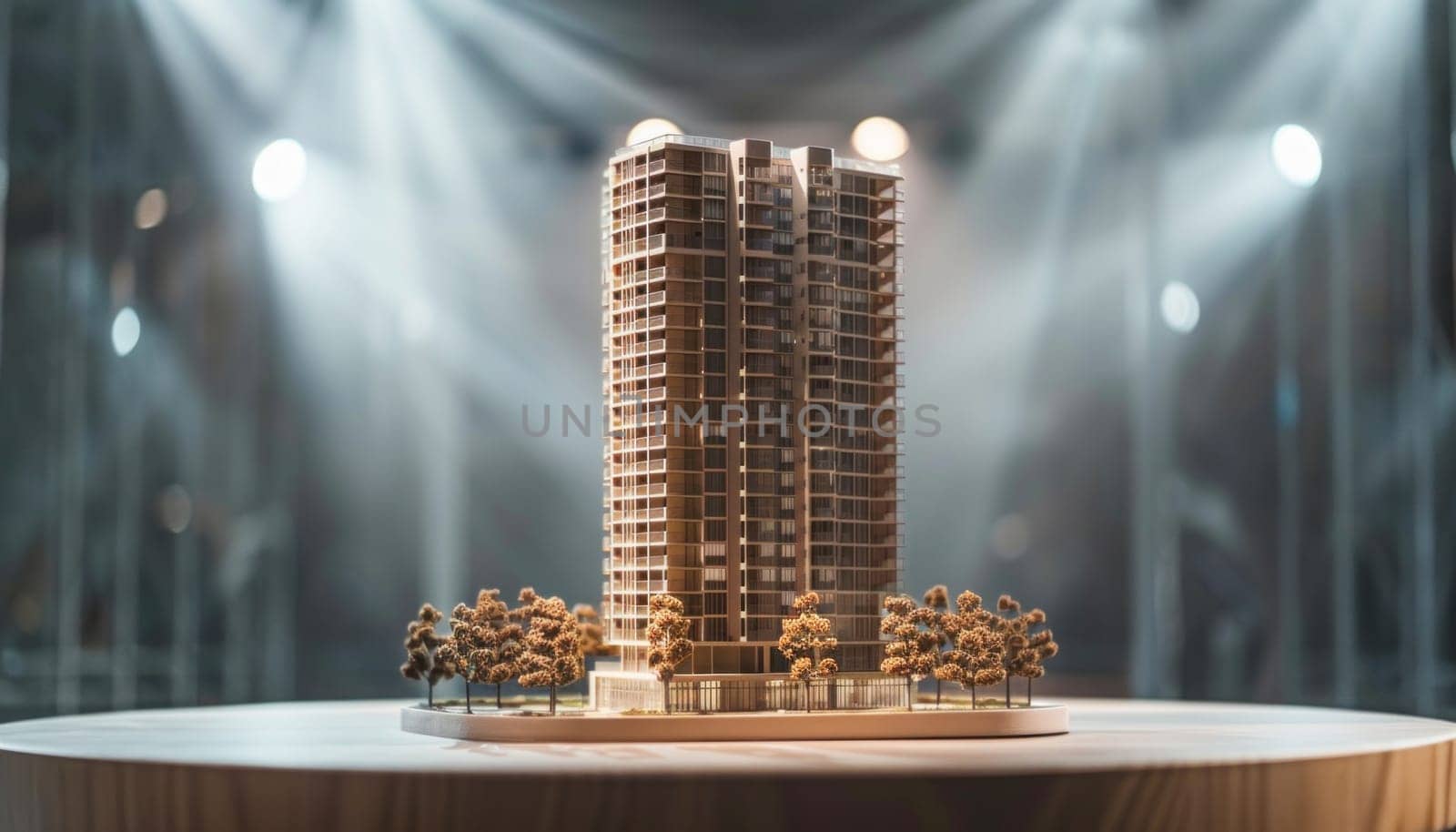 A model skyscraper is displayed on a wooden table, showcasing urban architecture and design elements