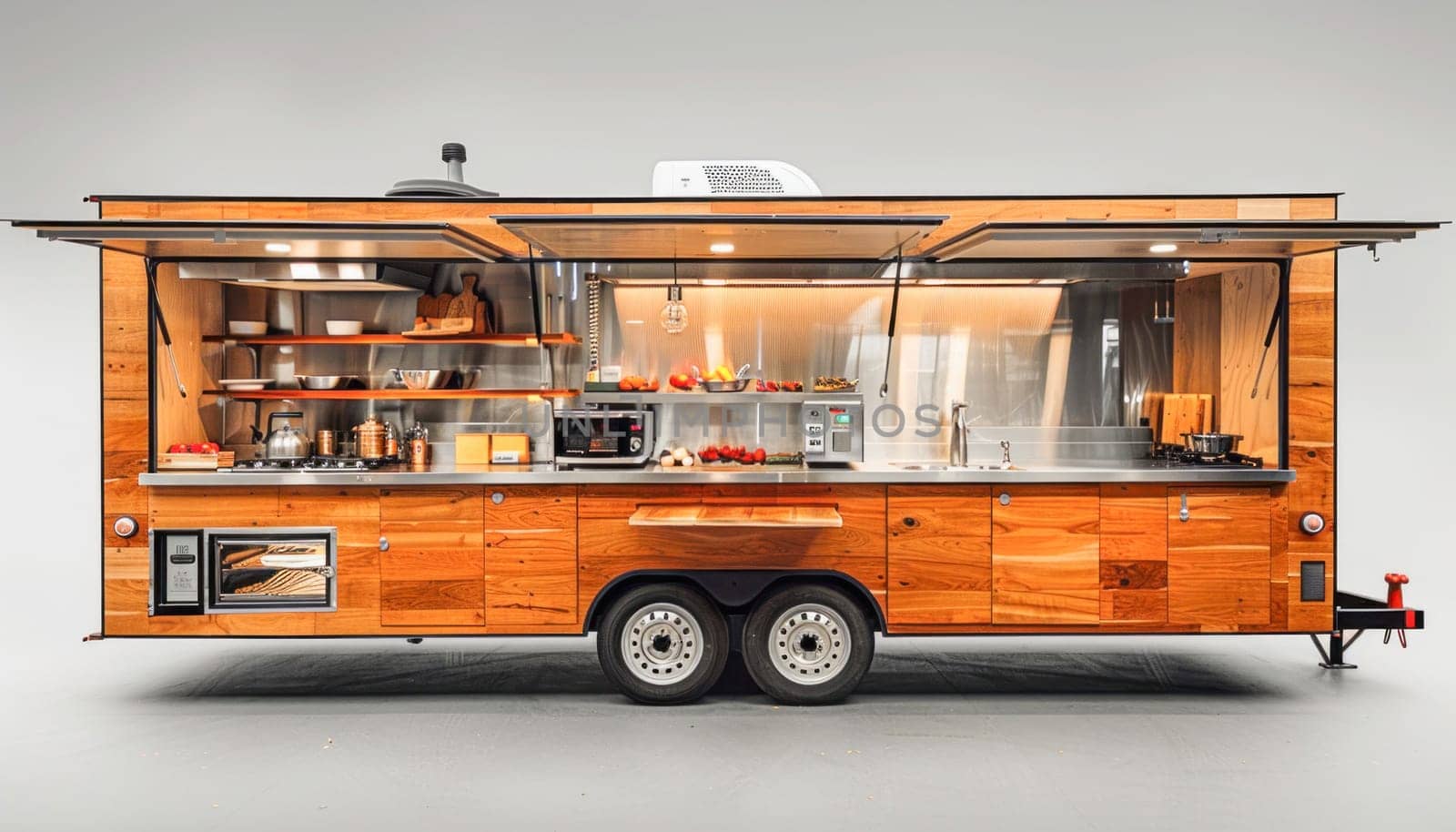 A charming wooden food truck is parked on a pristine white platform, emitting a picturesque atmosphere