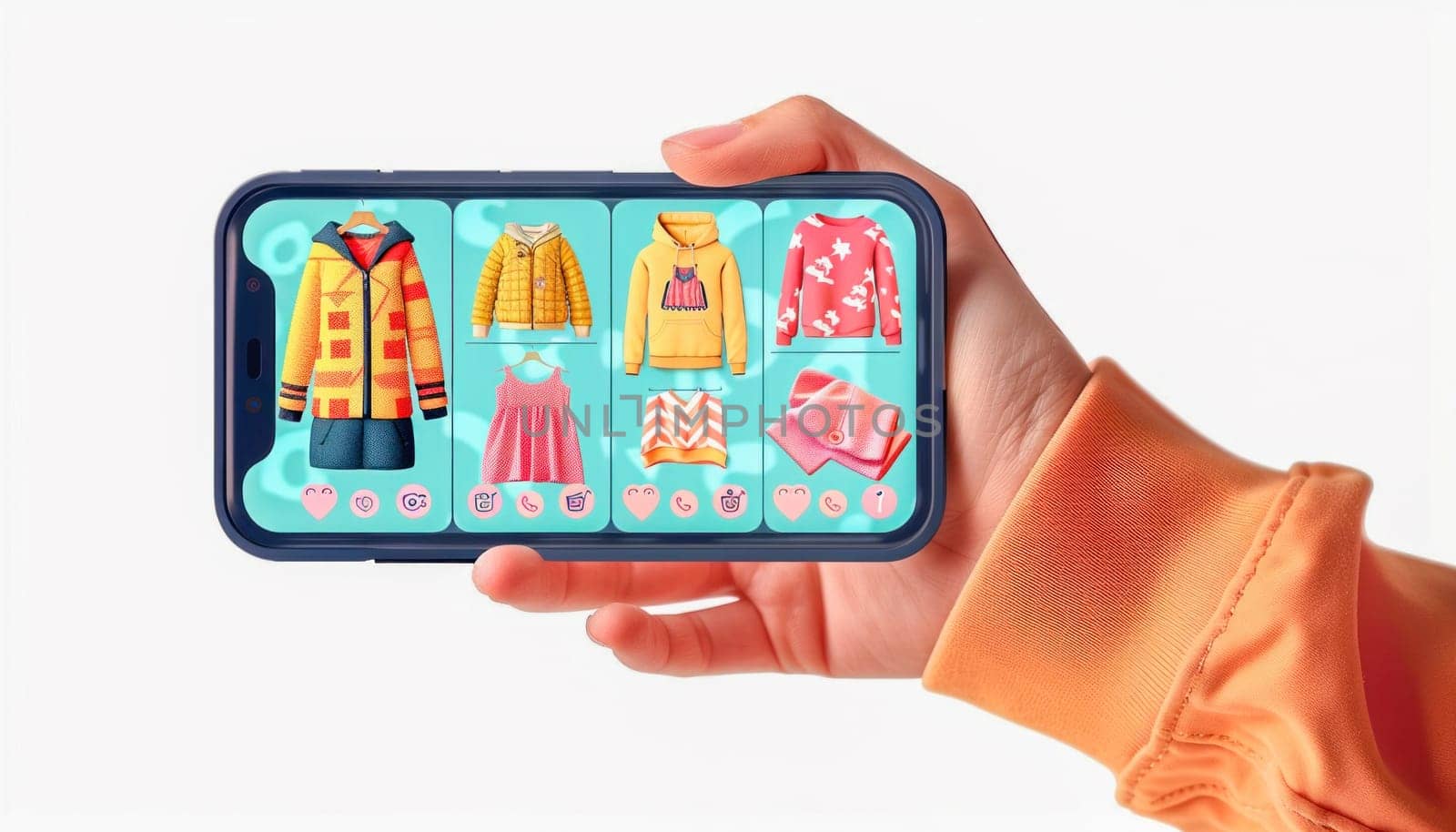 Image of person displaying clothes on cellphone, keywords product, rectangle, sleeve, orange, gesture, communication
