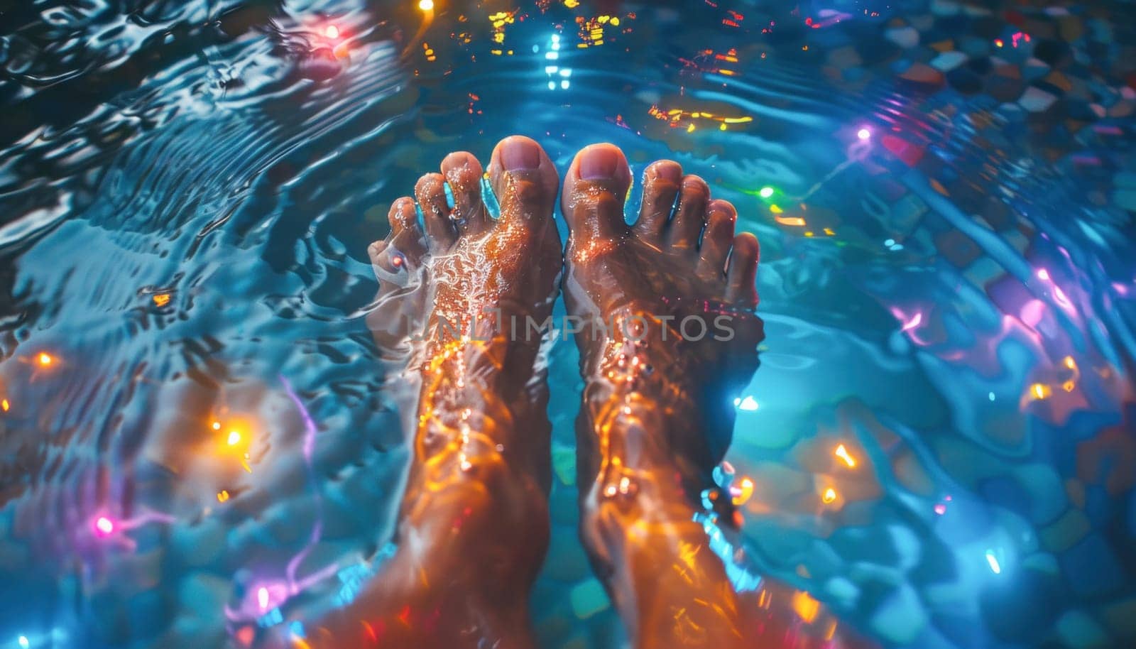 A persons feet are dipped in a pool of water, while vibrant lights create an electric blue ambience around them