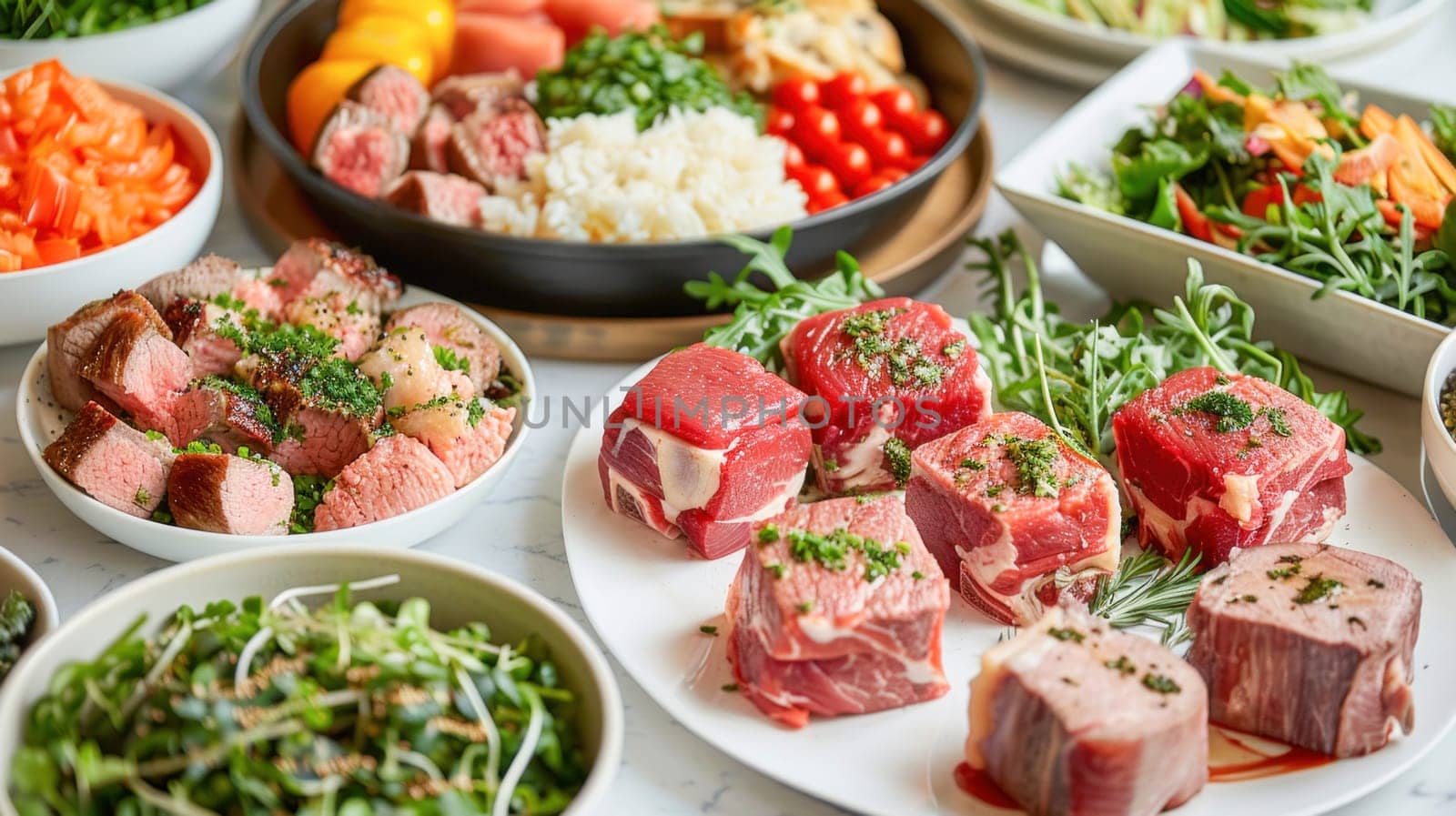 On the table are plates filled with a variety of meats and vegetables, perfect for a delicious meal