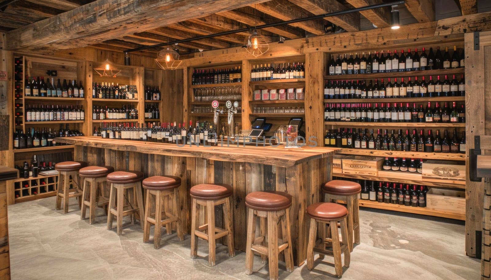 The wine cellar has a wooden bar and stools, creating a welcoming space for wine lovers to enjoy their drinks