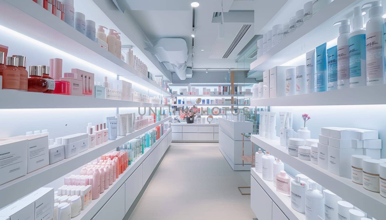 The image displays a variety of products on shelves in the pharmacy aisle, resulting in a blurred effect
