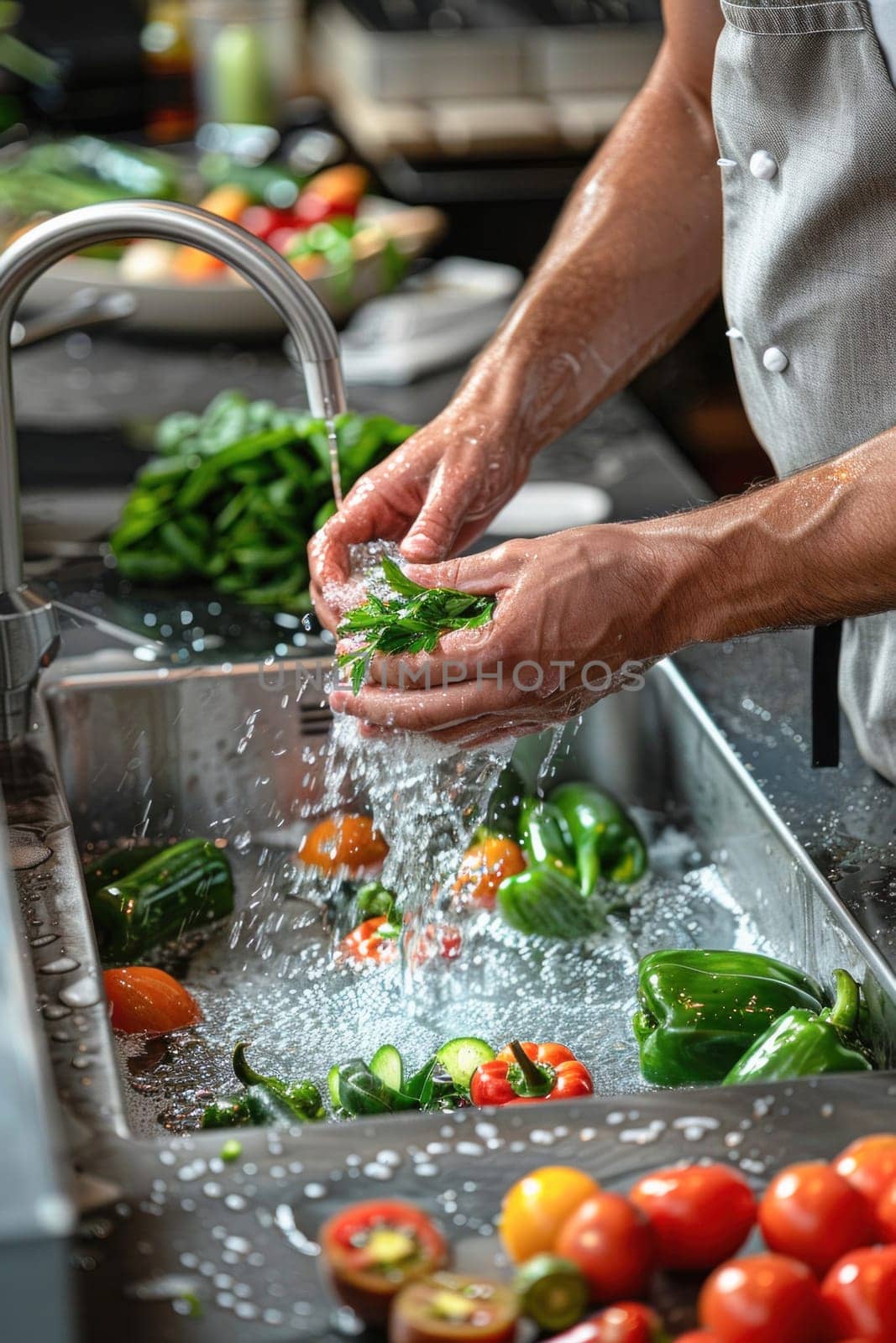 A man cleans leafy green vegetables in a kitchen sink, focusing on food preparation and cooking at home