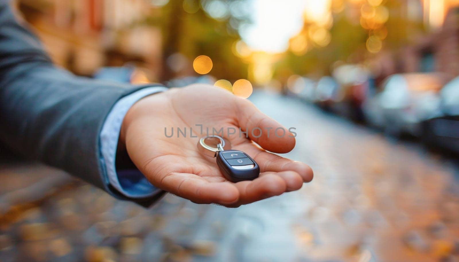 The man in a suit displays a sophisticated gesture while holding a car key in his hand, showcasing elegance and style