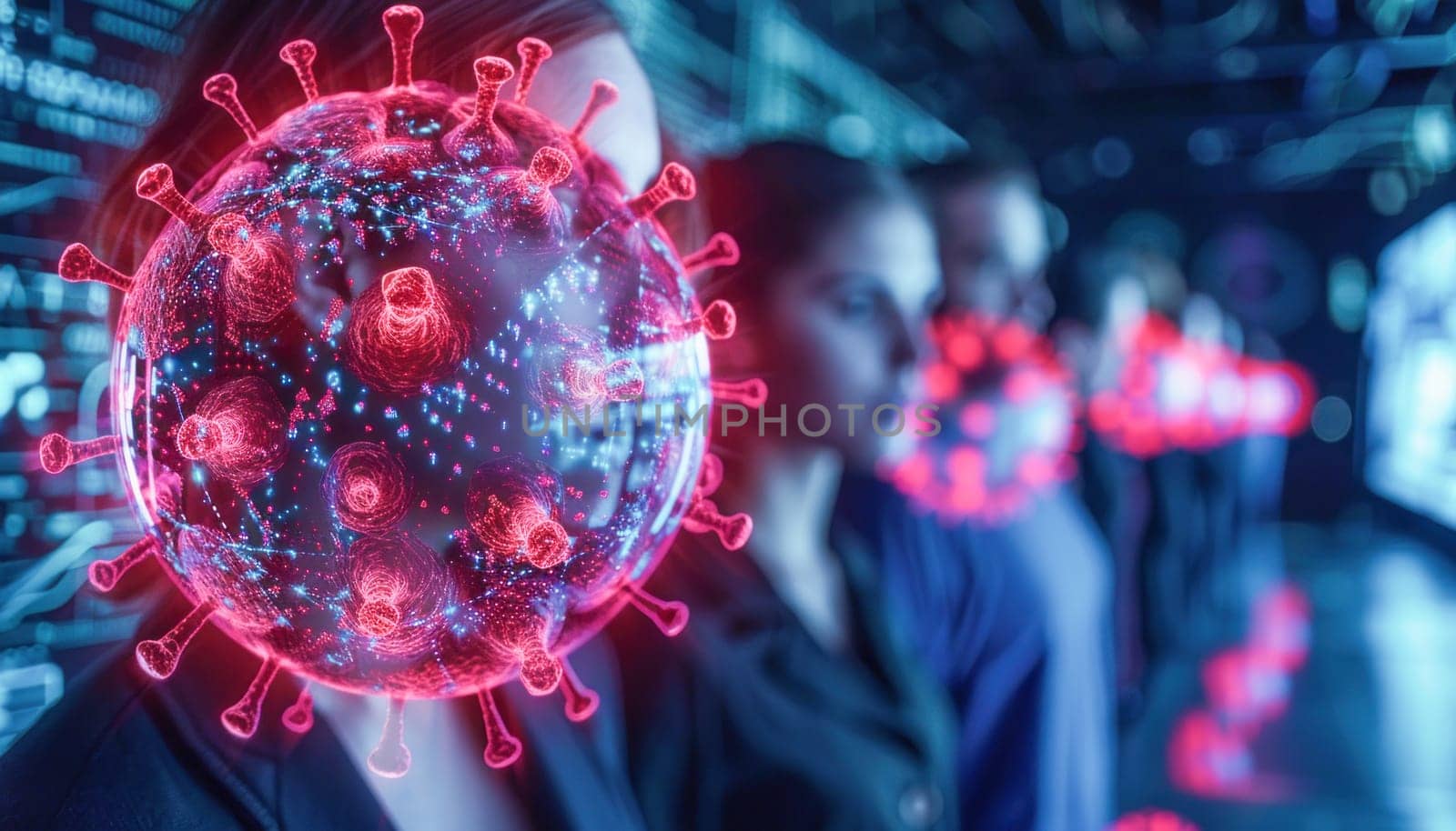 A woman is focused on a computer screen showing a virus infection, with various colors in the background