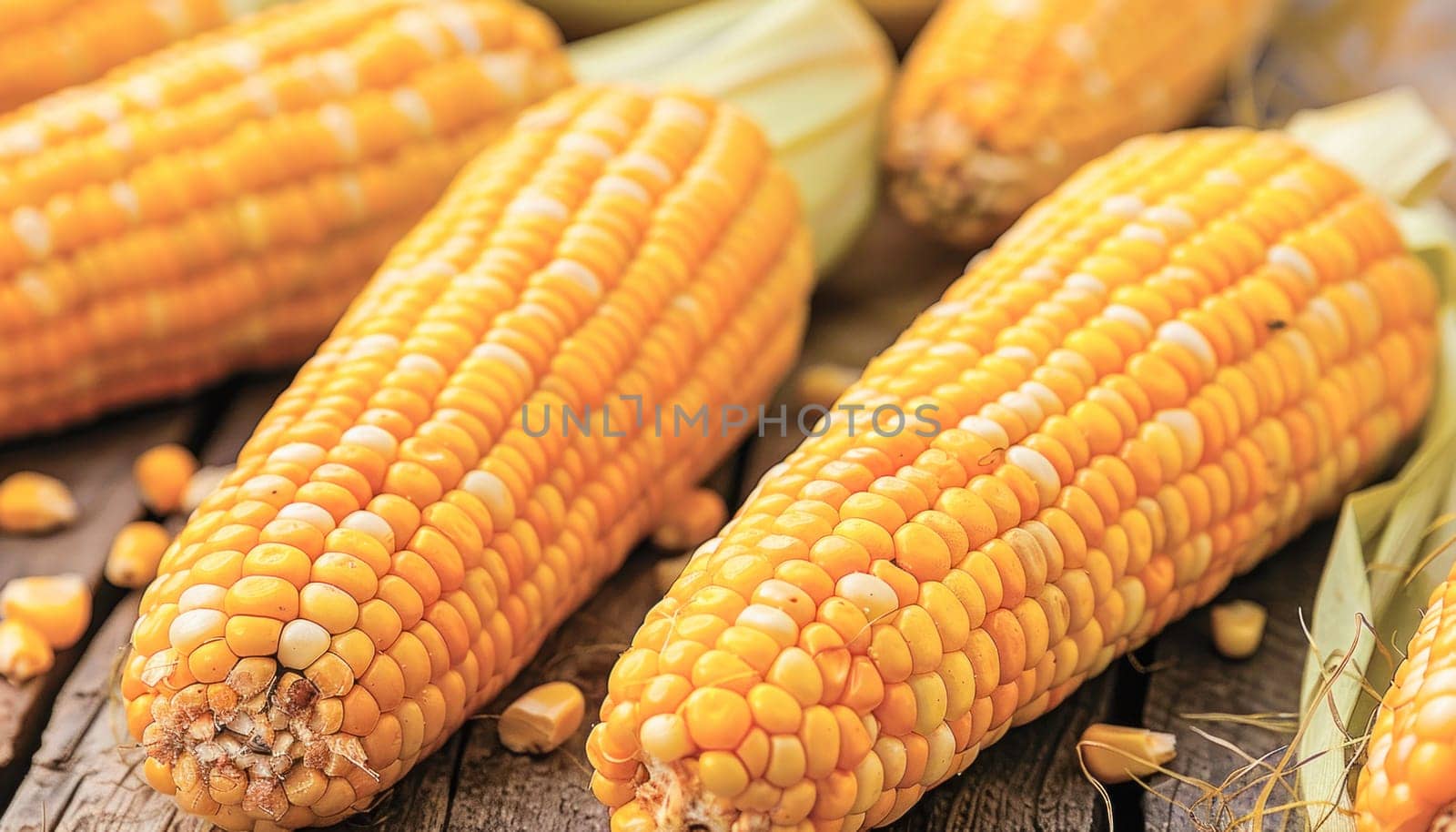 A piece of sweet corn on the cob is placed on a wooden table, displaying natural foods and ingredients