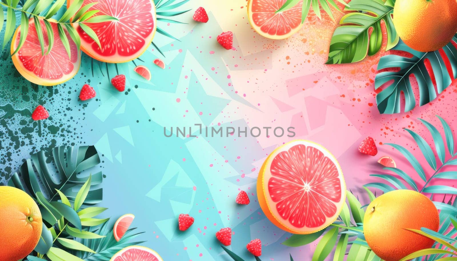 The image shows grapefruits and tropical leaves on a bright background, highlighting greenery and freshness