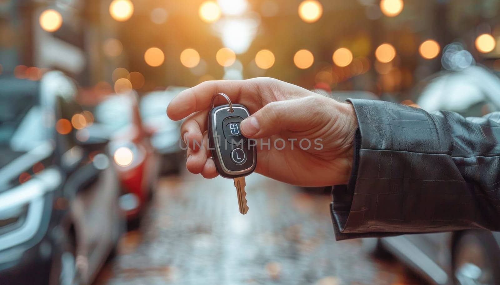 Person starting a vehicle with a car key. Keywords Gesture, Finger, Thumb, Wrist, Event, Auto part, Travel, Device