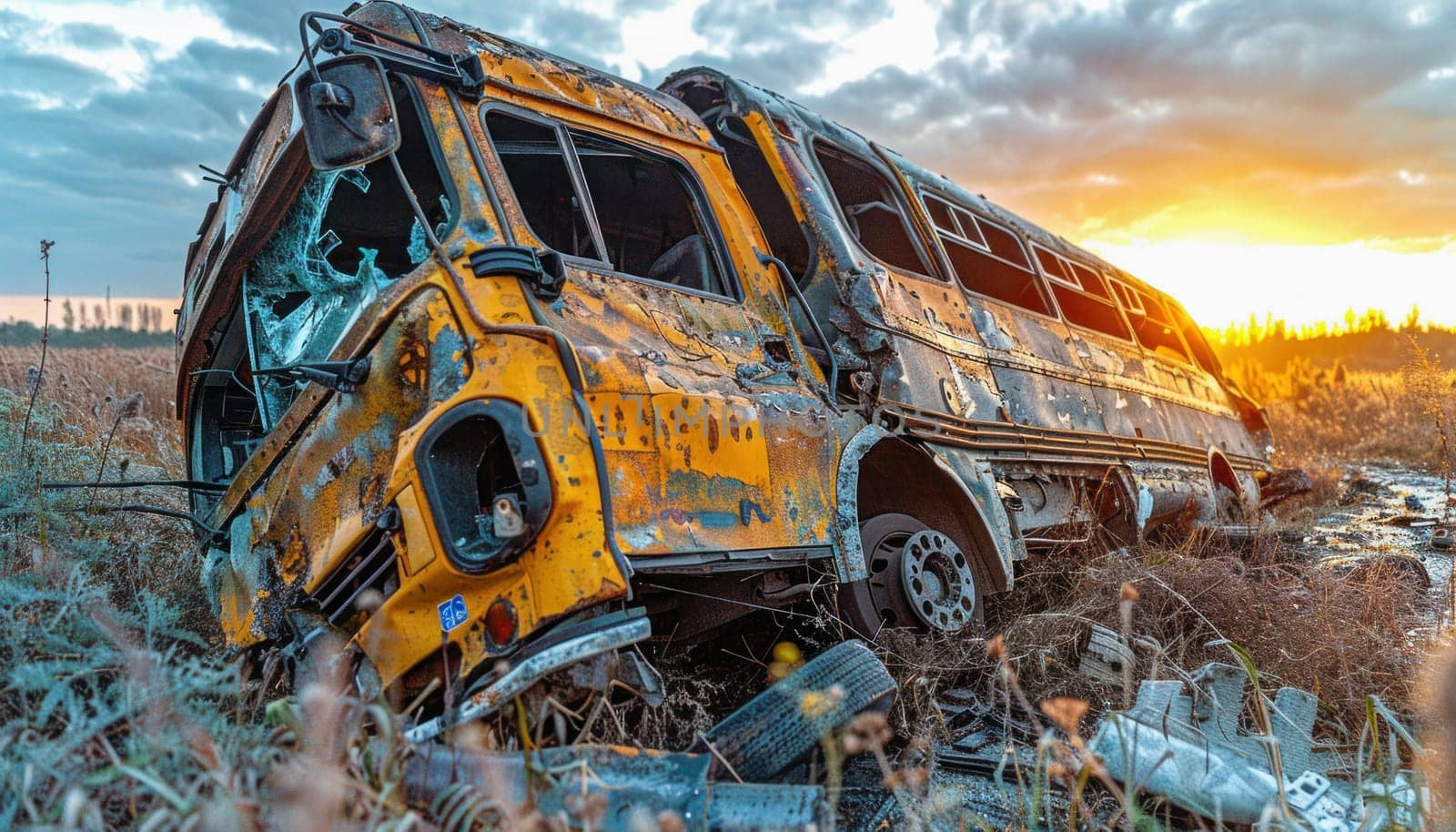 Damaged school bus parked in a field at sunset, under a cloudy sky. Automotive scene in a natural setting