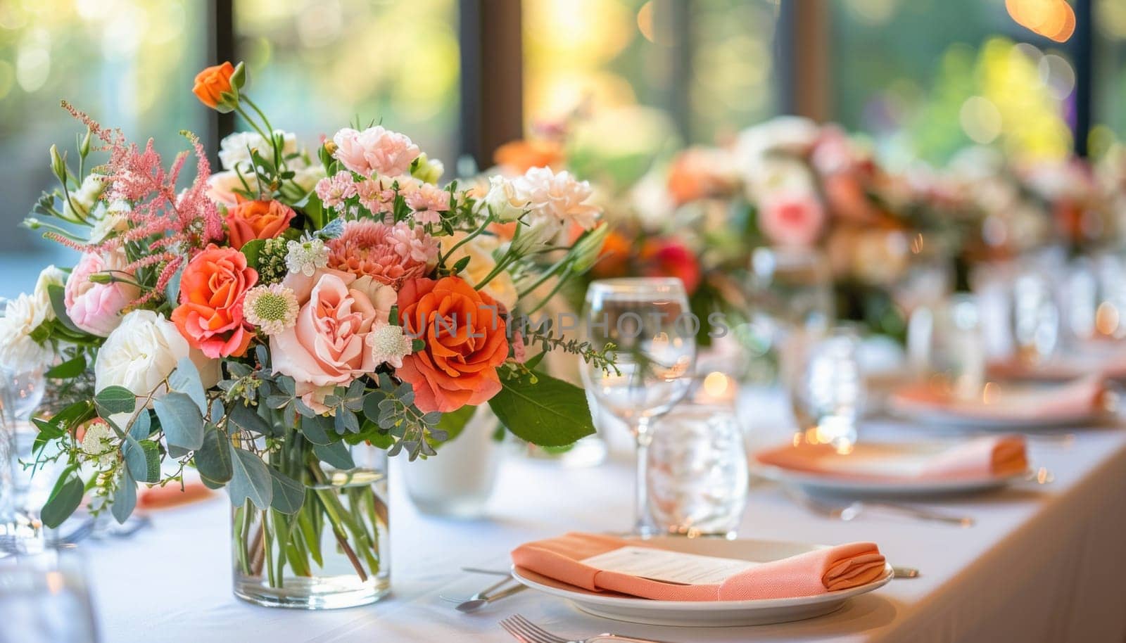A beautifully arranged table for a wedding reception with plates, glasses, and vases filled with flowers