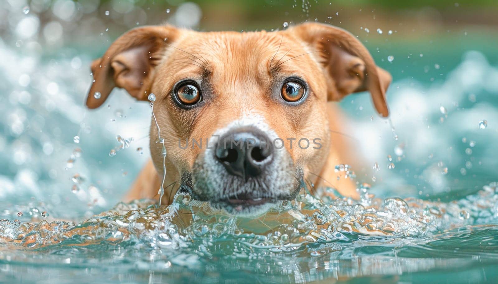 The calm dog swims in a serene pool, looking at the camera, surrounded by nature and displaying tranquility