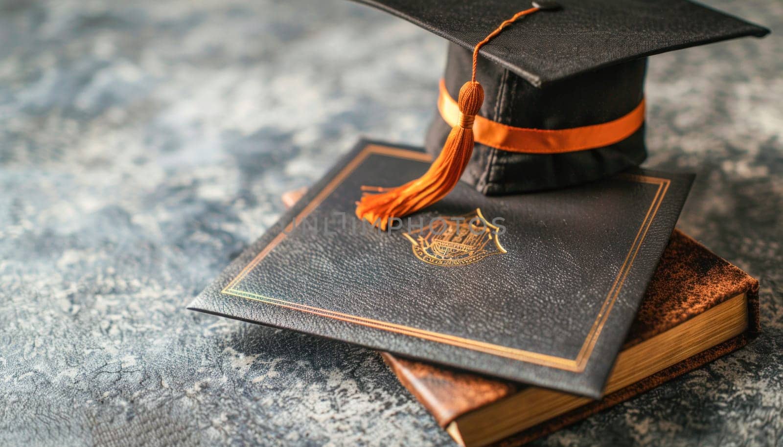 In the image, a beautiful scene is displayed featuring a graduation cap placed gracefully on top of a diploma