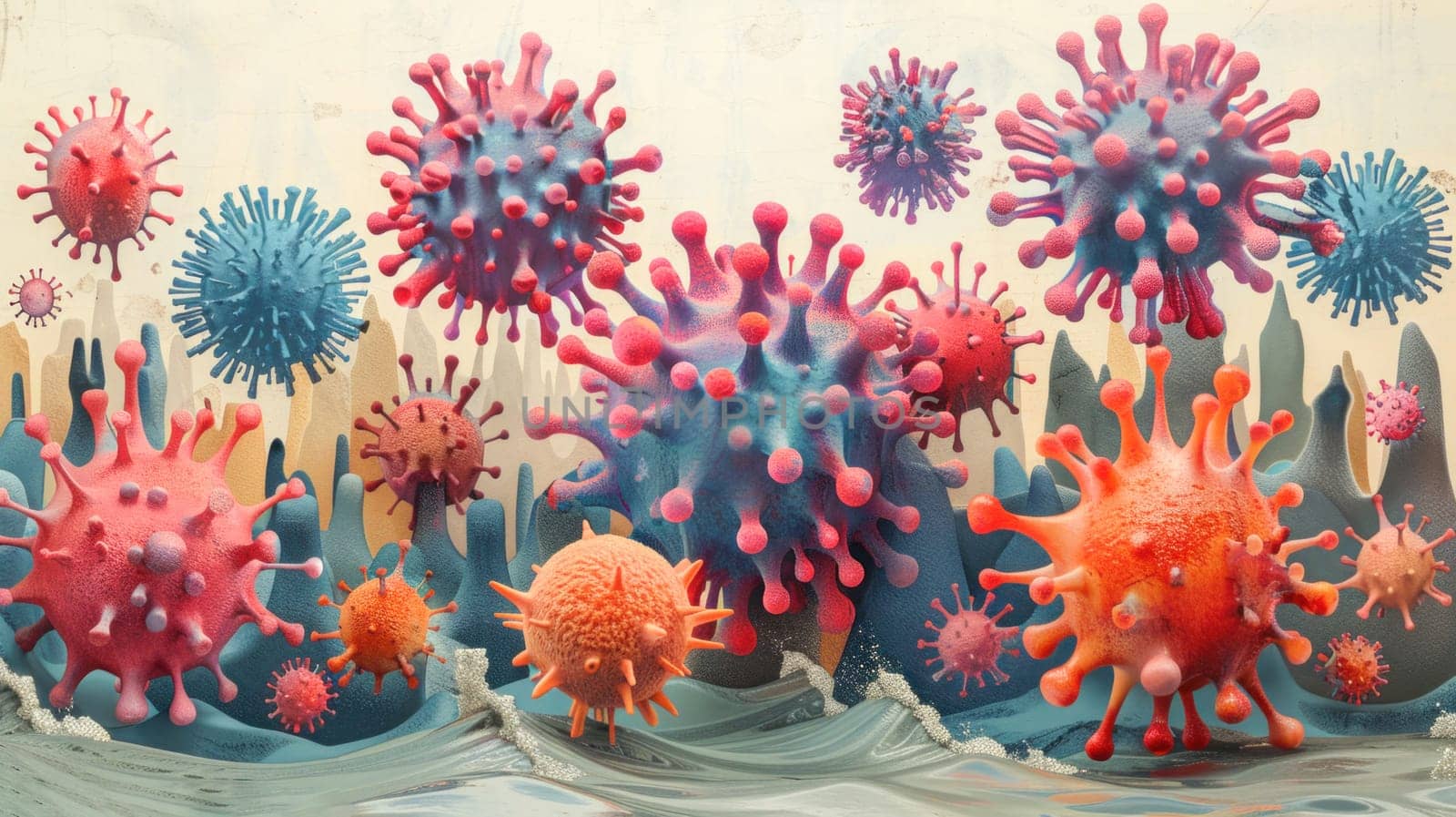 The canvas displays a creative presentation of viruses, highlighting innovative artistry in this domain