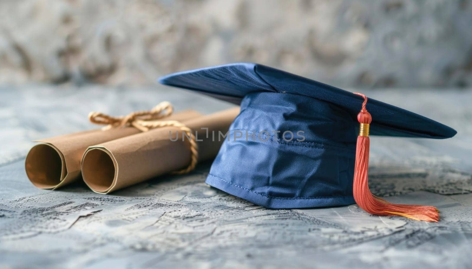 The table is elegantly decorated with a graduation cap and two diplomas, arranged in a formal manner