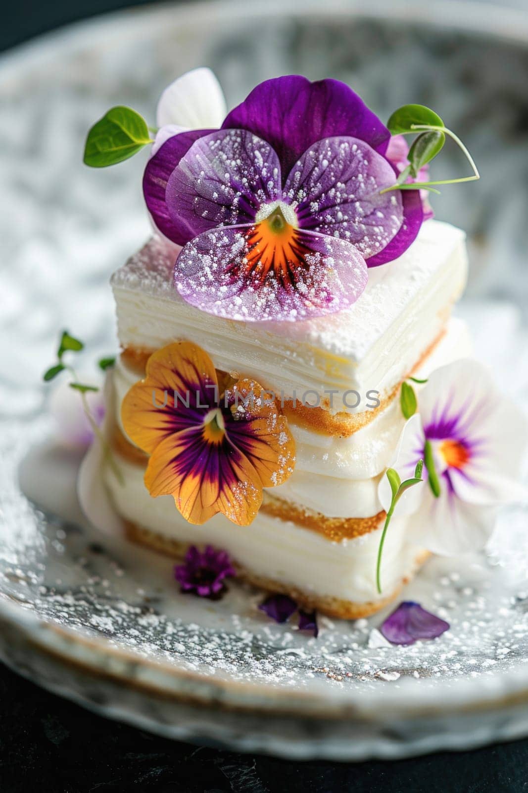 A beautifully decorated cake with delicate purple flowers sits on a plate, showcasing its intricate design