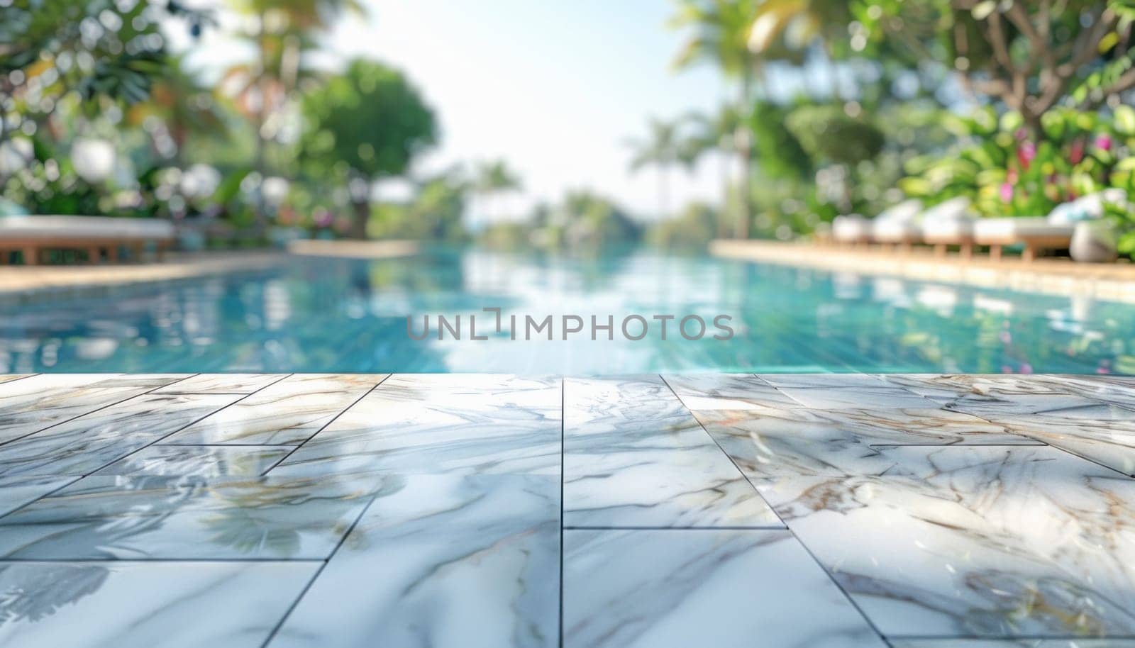 Marble floor in foreground, swimming pool in background. Keywords water, swimming pool, natural landscape