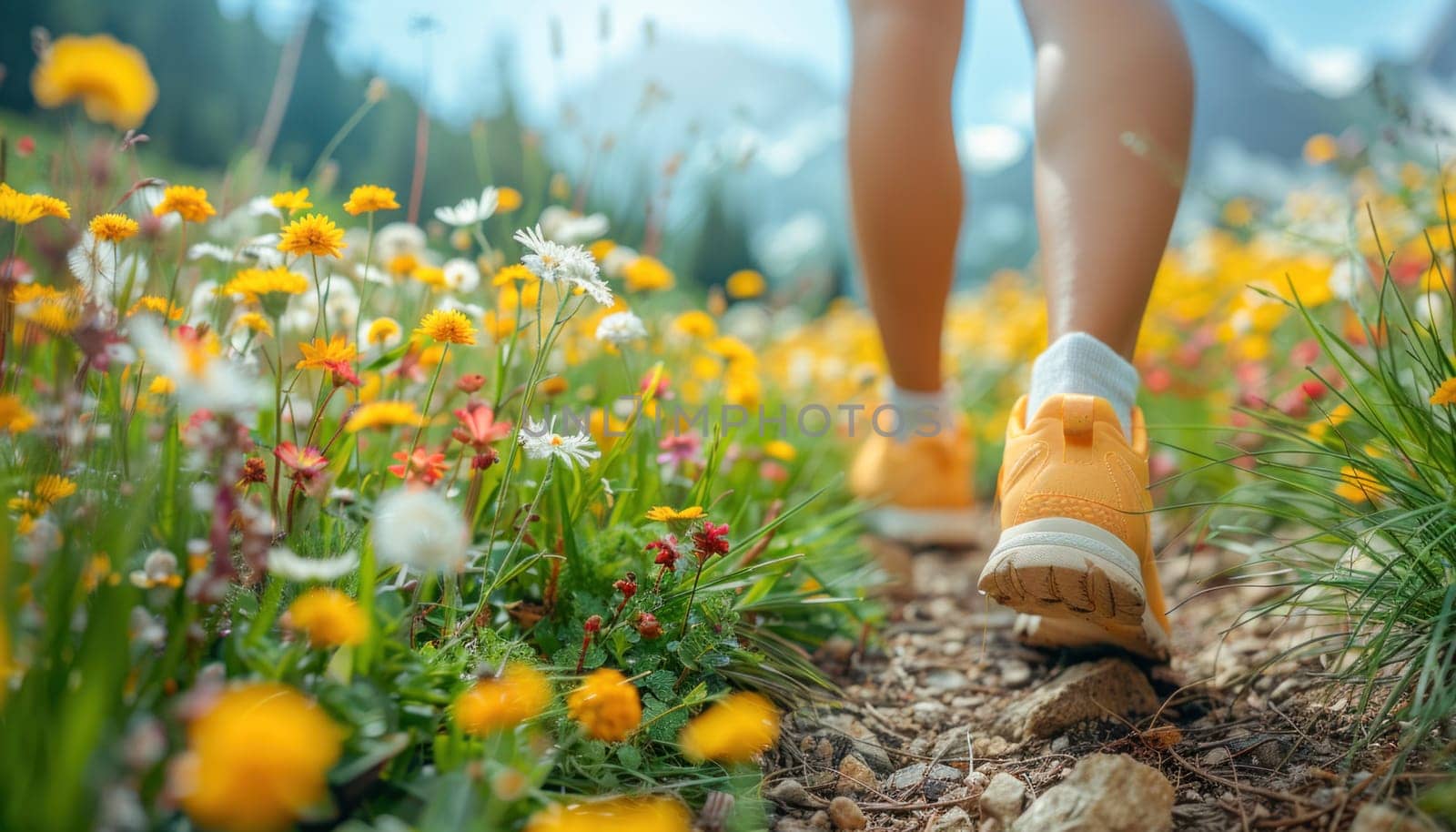 A person in comfortable shoes walks through a flowery meadow on a scenic outdoor trail, surrounded by natures beauty