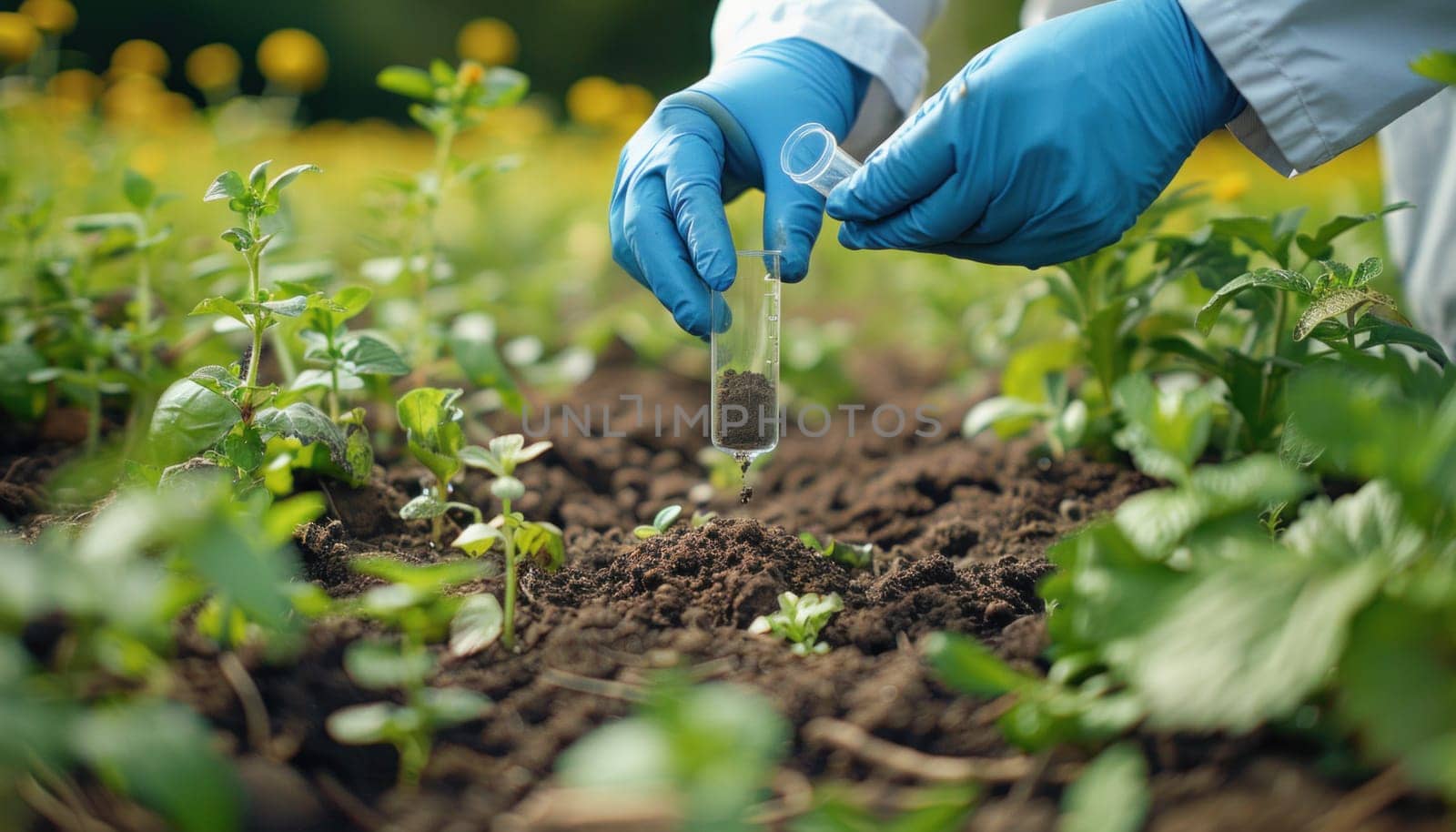 In the field, a person wearing blue gloves collects a soil sample for analysis near green shrubs and plants
